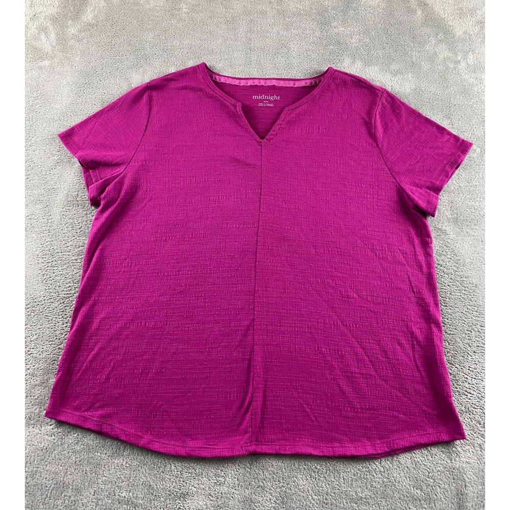 Midnight Womens Magenta Purple Slub Knit Split Neck Short Sleeve Top Size M